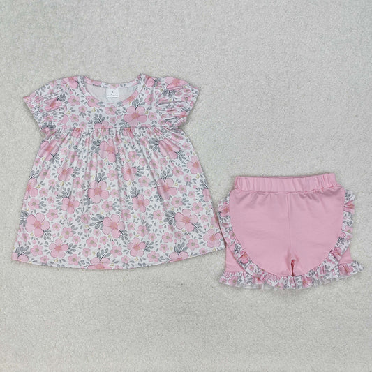 GSSO2194 Baby Girls Pink Flowers Leaves Tunic Top Ruffle Shorts Clothes Sets D 3.13