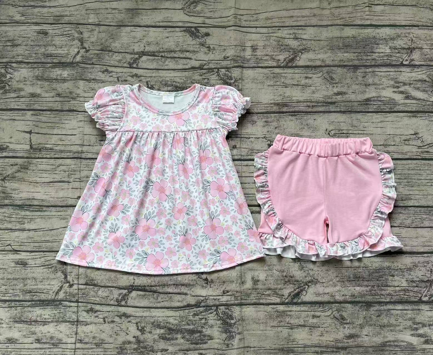 GSSO2194 Baby Girls Pink Flowers Leaves Tunic Top Ruffle Shorts Clothes Sets   D 3.13