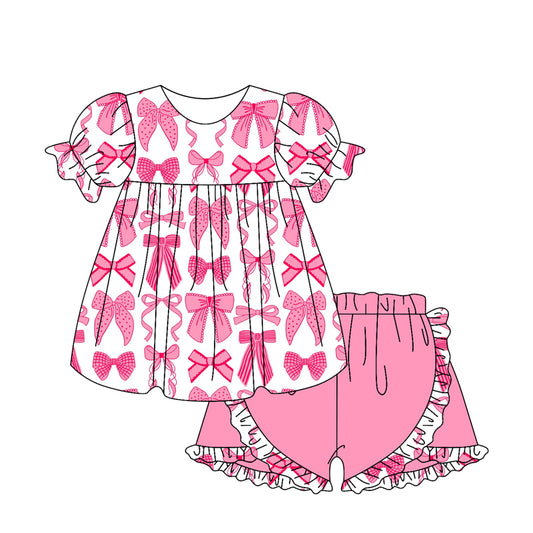 presale GSSO2195 Baby Girls Pink Coquette Bows Tunic Top Ruffle Shorts Clothes Sets 2025 2.15