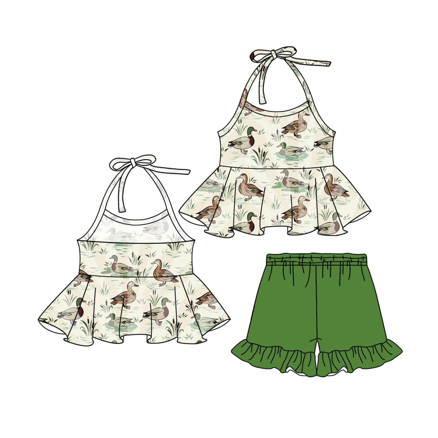 presale GSSO2198  Baby Girls Southern Ducks Green Tunic Top Shorts Clothes Sets  2025 2.15