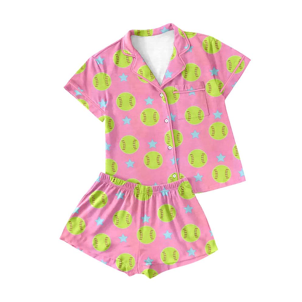 GSSO2203 Baby Girls Baseball Stars Buttons Top Shorts Pajamas Clothes Sets   D 4.8