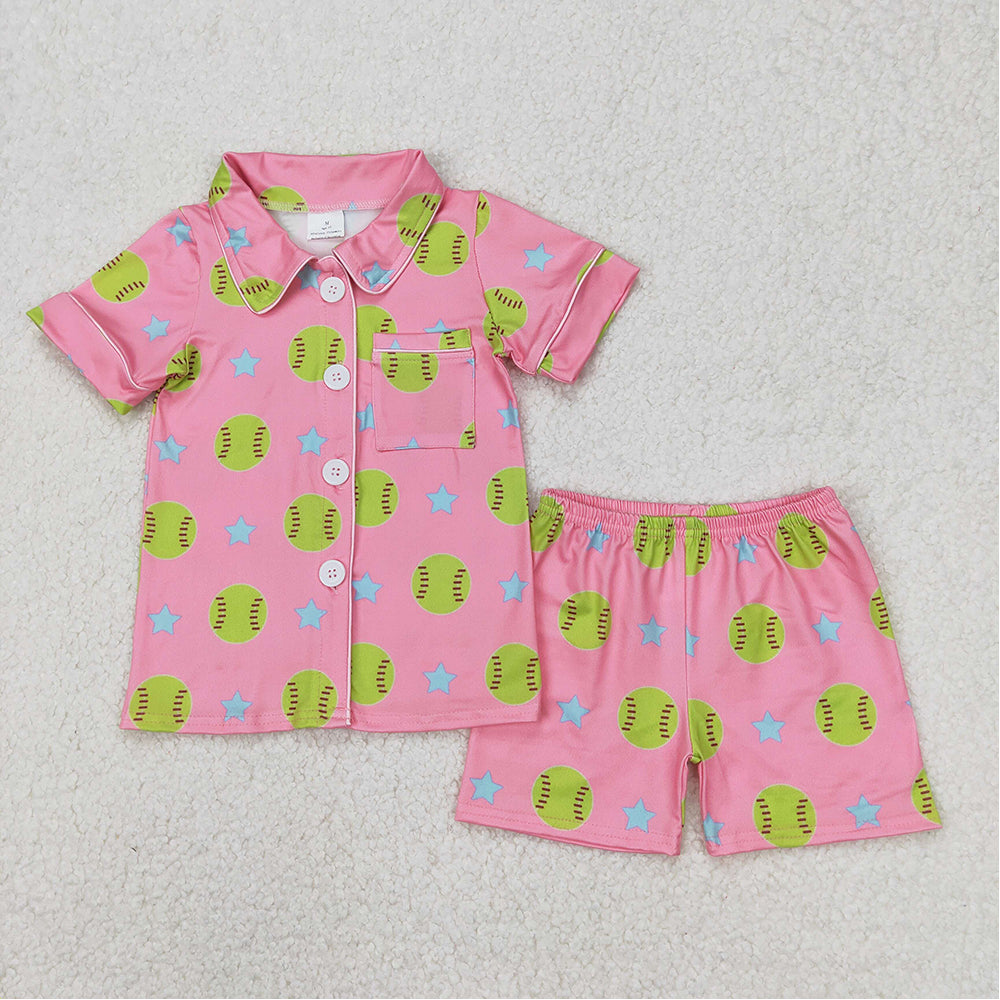 GSSO2203 Baby Girls Baseball Stars Buttons Top Shorts Pajamas Clothes Sets   D 4.8
