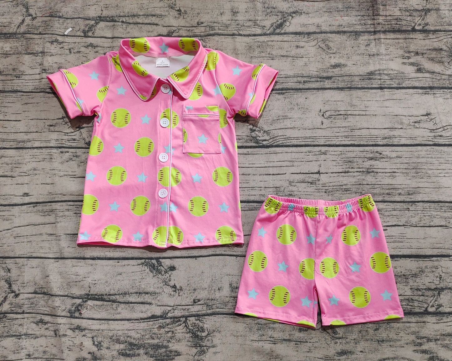 GSSO2203 Baby Girls Baseball Stars Buttons Top Shorts Pajamas Clothes Sets   D 4.8