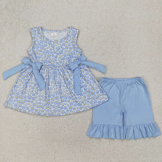 GSSO2204  Baby Girls Blue Flowers Bows Tunic Top Ruffle Shorts Clothes Sets  D 4.7