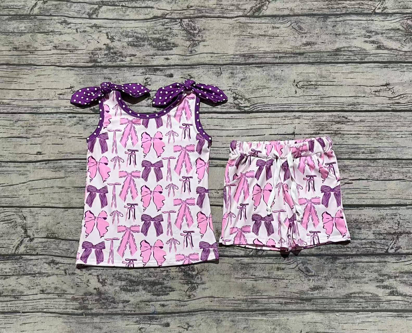 GSSO2207 Baby Girls Purple Bows Top Shorts Clothes Sets  D 3.20
