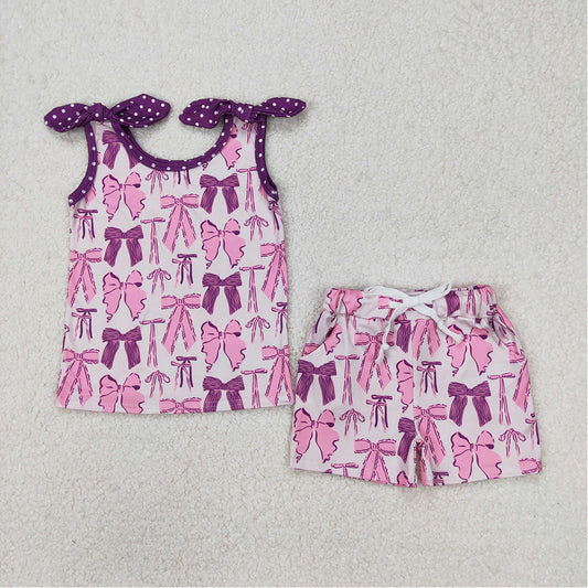 GSSO2207 Baby Girls Purple Bows Top Shorts Clothes Sets D 3.20