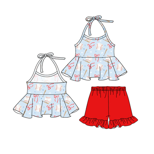 presale GSSO2214  Baby Girls Baseball Bows Halter Tunic Top Ruffle Shorts Clothes Sets  2025 2.17