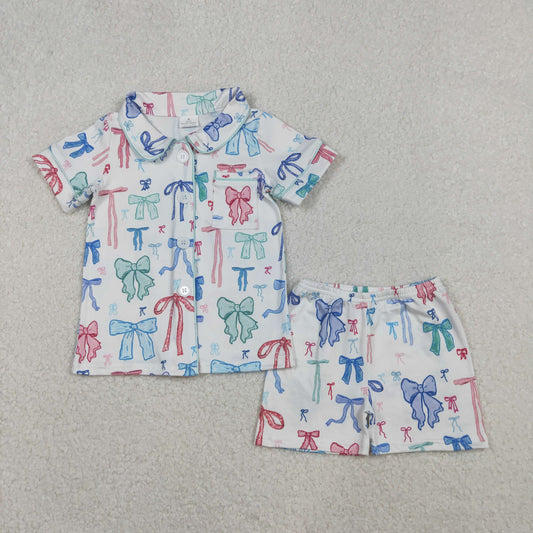 GSSO2217 Baby Girls Colorful Bows Buttons Shirts Top Shorts Pajamas Sets  D 1121