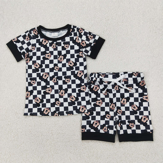 GSSO2233 Baby Girls Black Checkered Mouse Top Tee Shorts Clothes Sets D 814 24