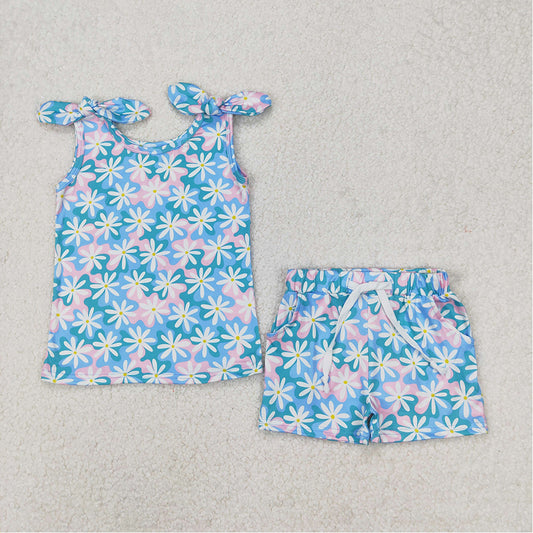 GSSO2262  Baby Girls Blue Flowers Bows Tie Tops Shorts Clothes Sets  D 3.17