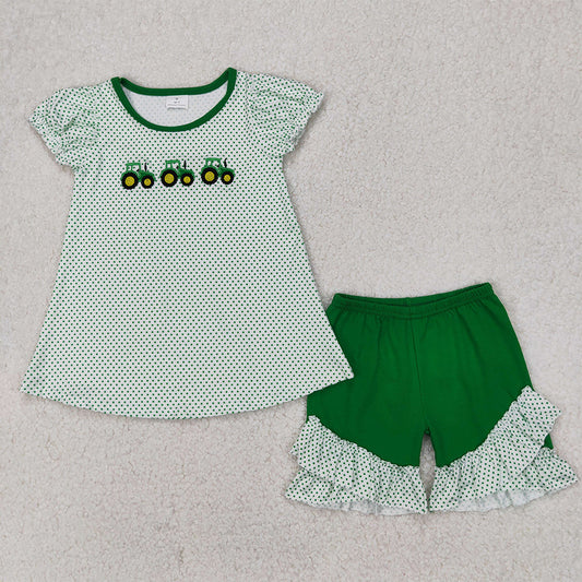 GSSO2268 Baby Girls Green Farm Trucks Tunic Tops Ruffle Shorts Clothes Sets  D 3.29