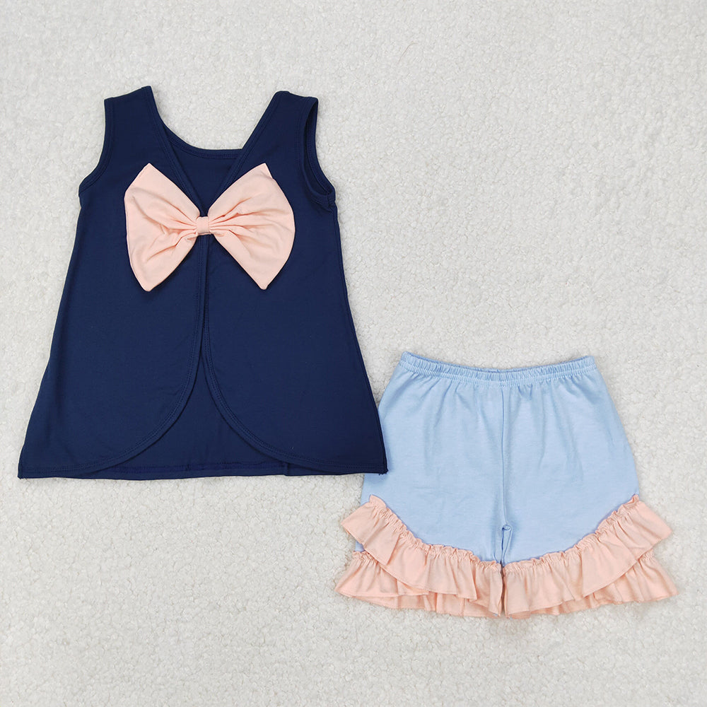 GSSO2272 Baby Girls Navy Big Bow Back Tunic Tops Ruffle Shorts Clothes Sets D 3.24