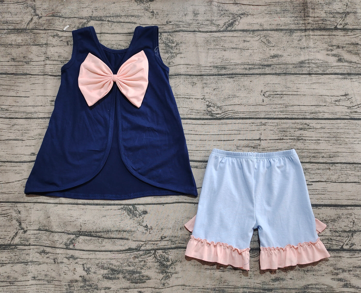 GSSO2272 Baby Girls Navy Big Bow Back Tunic Tops Ruffle Shorts Clothes Sets D 3.24