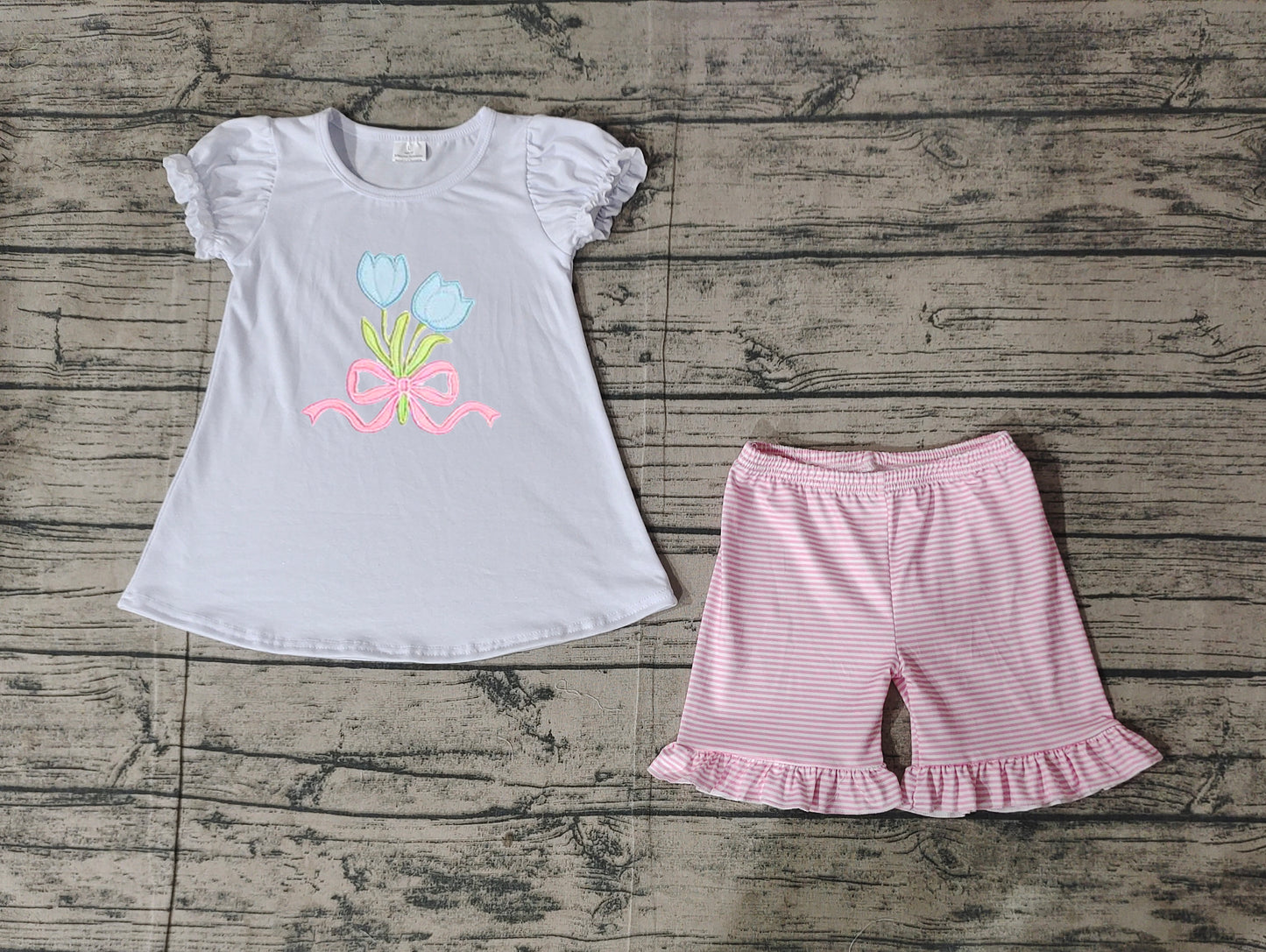 GSSO2275 Embroidery Baby Girls White Tulip Bow Tops Ruffle Shorts Clothes Sets   D 3.27