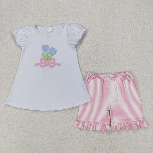 GSSO2275 Embroidery Baby Girls White Tulip Bow Tops Ruffle Shorts Clothes Sets   D 3.27