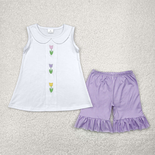 GSSO2276  Flowers White Top Purple Plaid Shorts Girls Summer Clothes Set D 5.6