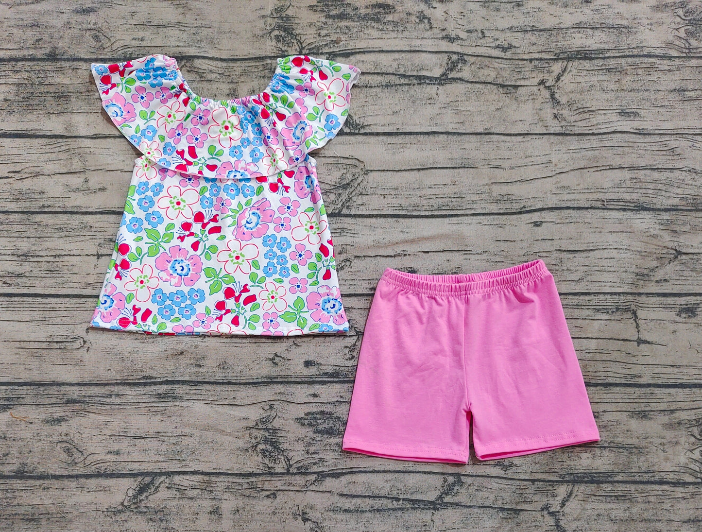 GSSO2277  Baby Girls Pink Flowers Ruffle Tunic Tops Shorts Clothes Sets  D 4.8