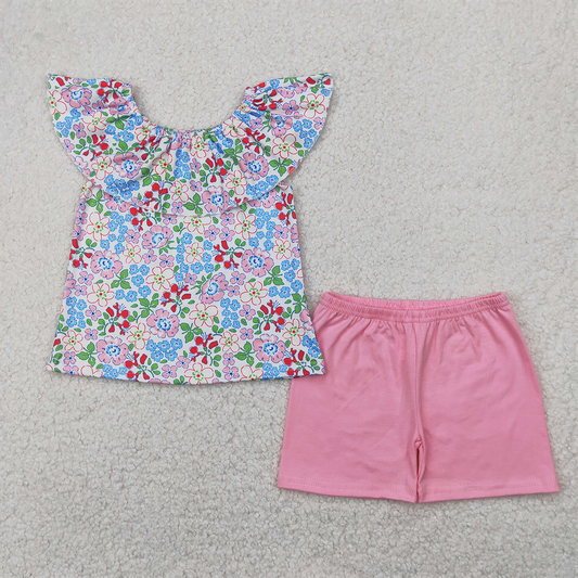GSSO2277  Baby Girls Pink Flowers Ruffle Tunic Tops Shorts Clothes Sets  D 4.8