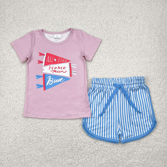 GSSO2288 Baby Girls Flag Pink Short Sleeve Tee Tops Stripes Shorts Clothes Set D 4.1