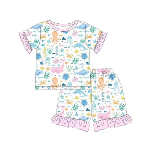 presale GSSO2298 Baby Girls Pink Sea Animals Shirt Ruffle Shorts Pajamas Clothes Sets D 3.5
