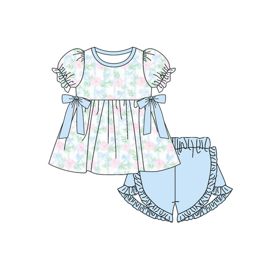 presale GSSO2299 Flower Leaf Stripe Blue Bow Short Sleeve Shorts Set D 3.5
