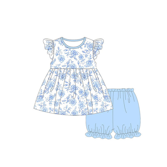 presale GSSO2304 Baby Girls Blue Flowers Tunic Elastic Shorts Clothes Sets D 3.5