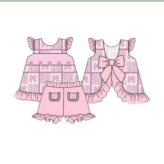 presale GSSO2305 Baby Girls Pink Bows Flowers Tunic Ruffle Shorts Clothes Sets D 3.5