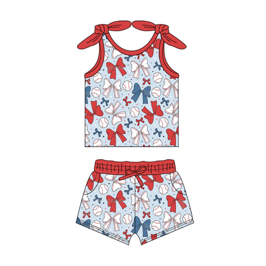 presale GSSO2311 Baby Girls Baseball Bows Shirt Pockets Shorts Clothes Sets D 3.5