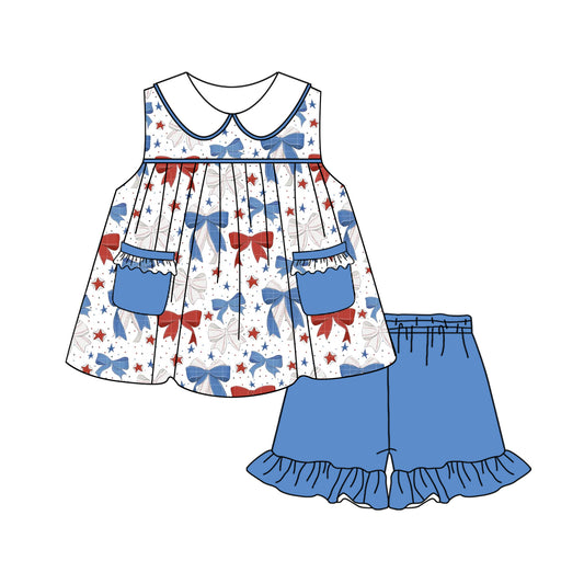 presale GSSO2312 Baby Girls 4th Of July Blue Red Bows Sleeveless Tunic Shorts Clothes Sets D 3.5