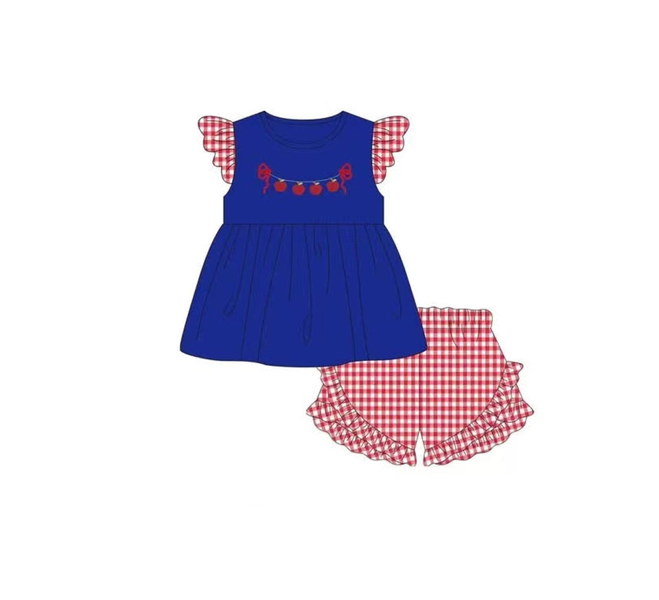 GSSO2314   Apple Red Plaid Lace Blue Fly Sleeve Shorts Set D 5.14