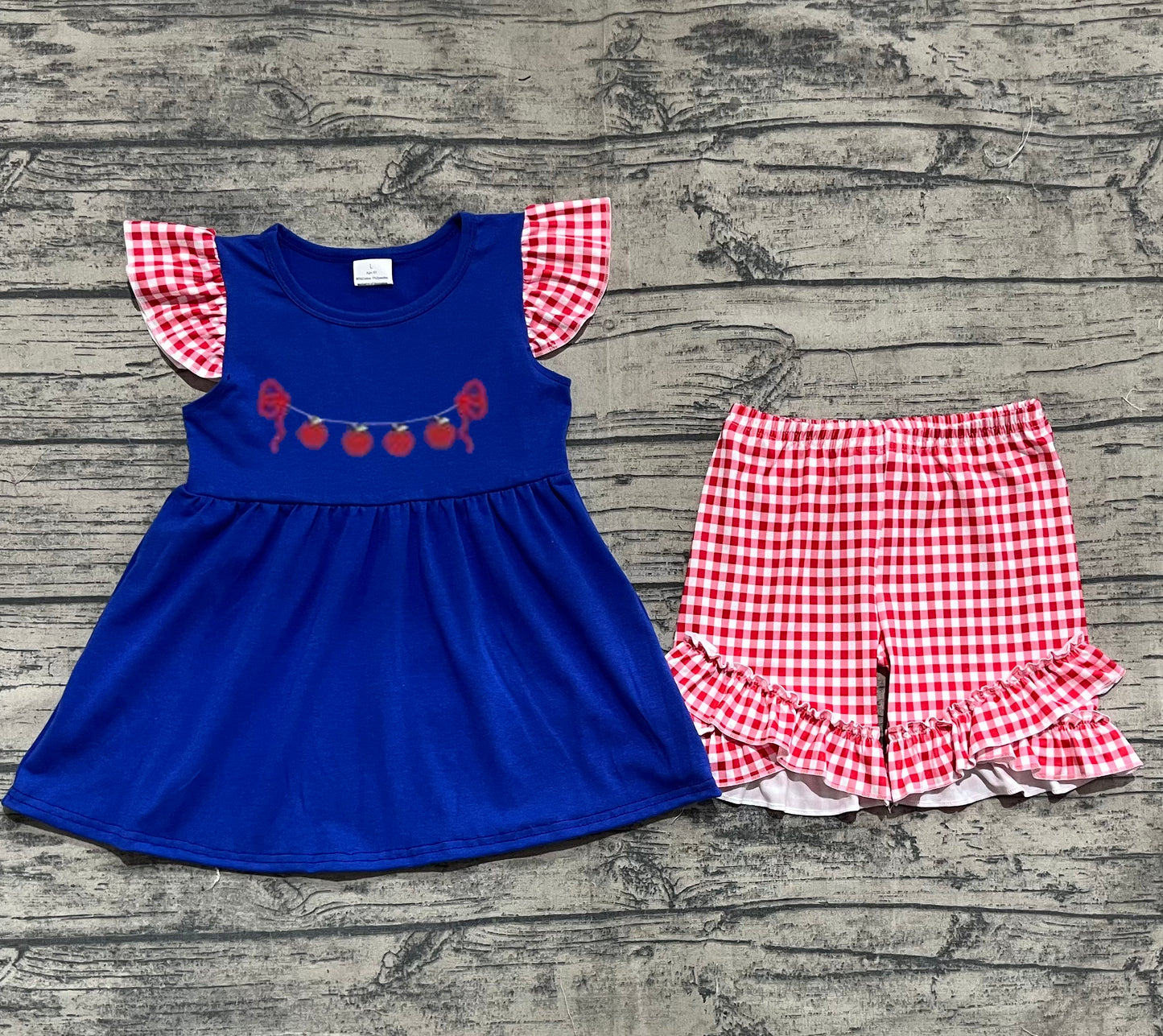 GSSO2314   Apple Red Plaid Lace Blue Fly Sleeve Shorts Set D 5.14