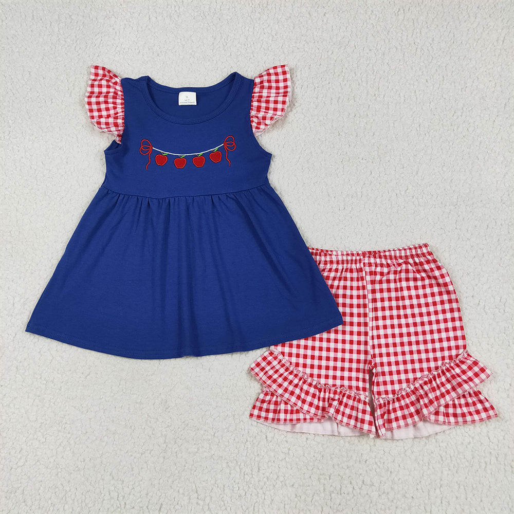 GSSO2314   Apple Red Plaid Lace Blue Fly Sleeve Shorts Set D 5.14