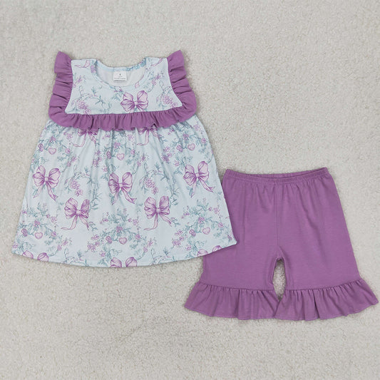 GSSO2315 Baby Girls Purple Flowers Flutter Sleeve Tunic Ruffle Shorts Clothes Sets D 3.31