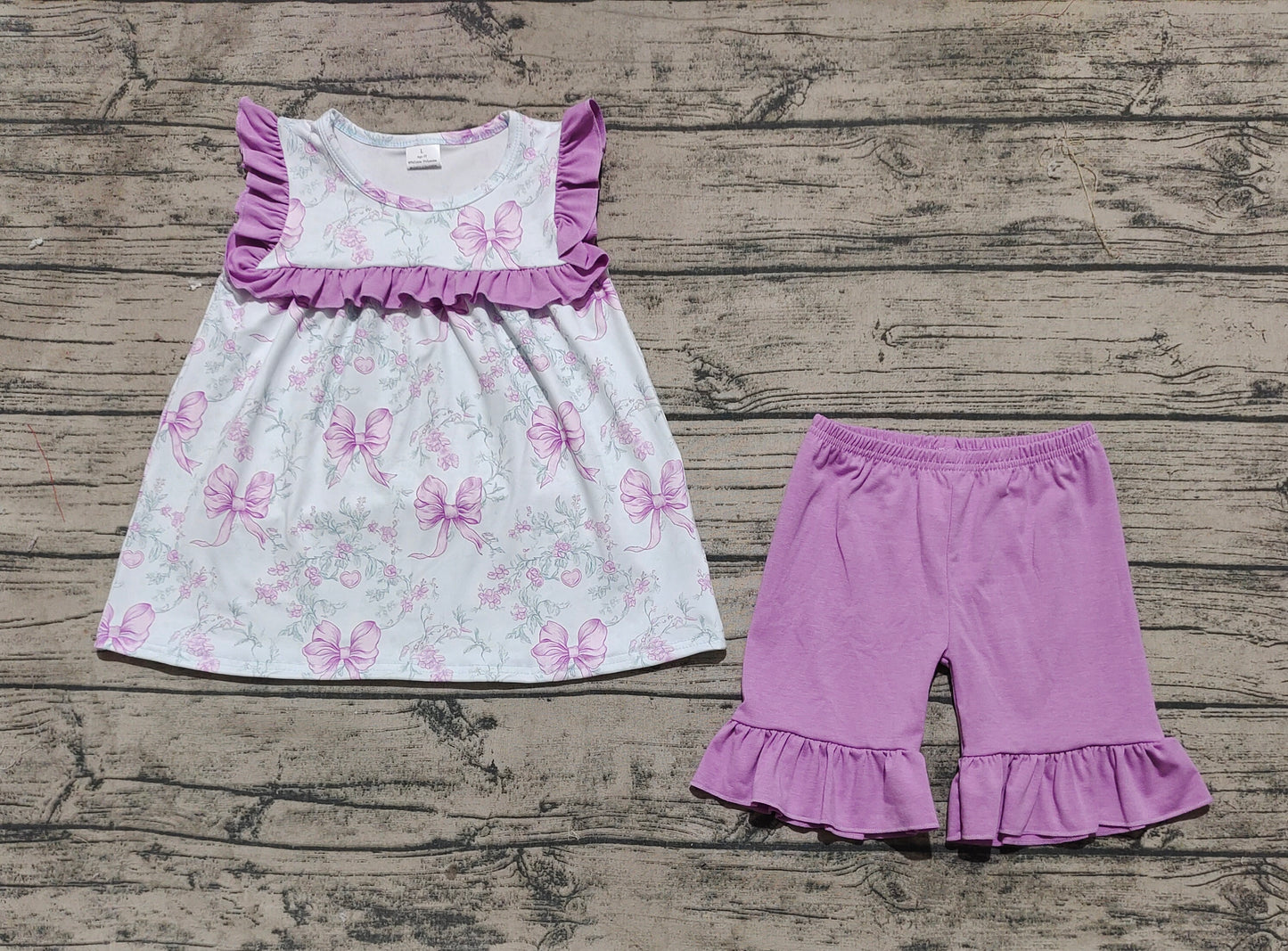 GSSO2315 Baby Girls Purple Flowers Flutter Sleeve Tunic Ruffle Shorts Clothes Sets  D 3.31