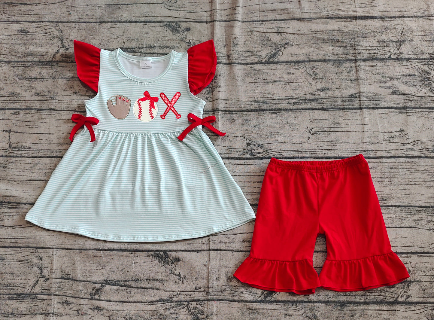 GSSO2317  Baby Girls Embroidery Baseball Flutter Sleeve Tunic Ruffle Shorts Clothes Sets  D 814 21