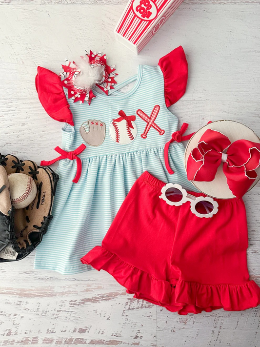 GSSO2317 Baby Girls Embroidery Baseball Flutter Sleeve Tunic Ruffle Shorts Clothes Sets D 814 21