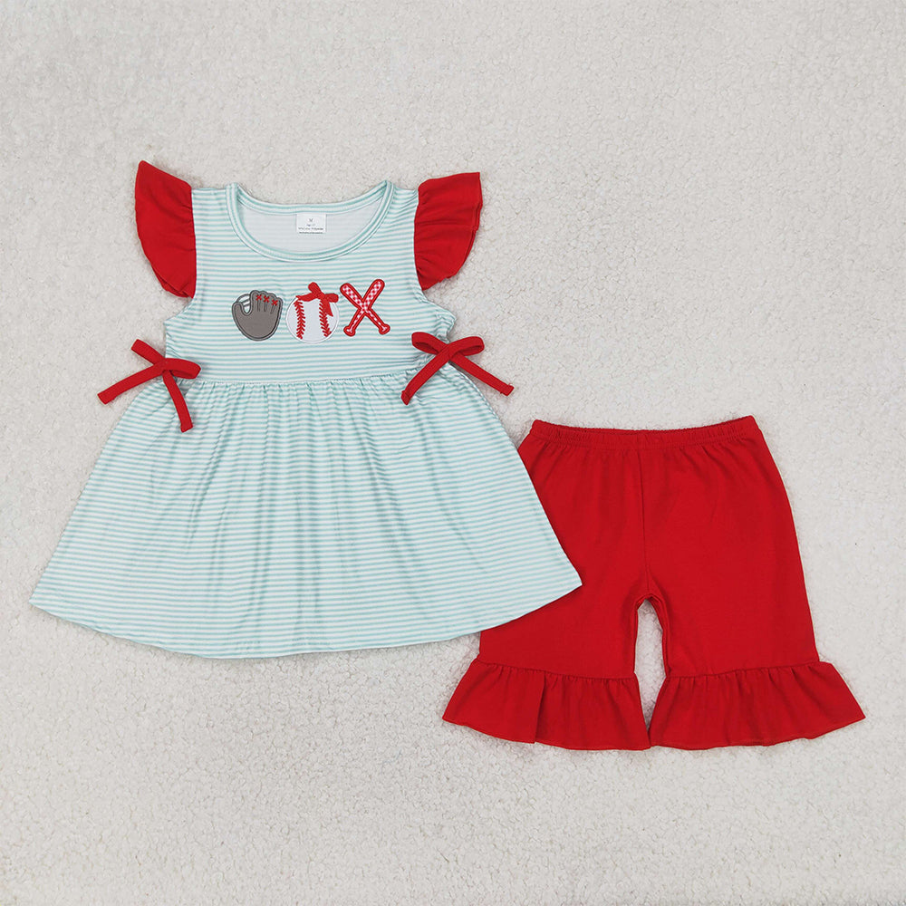 GSSO2317  Baby Girls Embroidery Baseball Flutter Sleeve Tunic Ruffle Shorts Clothes Sets  D 814 21