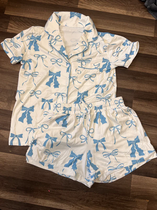 presale GSSO2322 Baby Girls Blue Bows Button Pocket Top Short Pajamas Set D 3.4