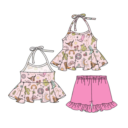 presale GSSO2324 Baby Girls Pink Strap Boots Cactus Tunic Ruffle Short Clothes Set D 3.4