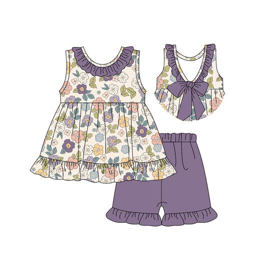 presale GSSO2325 Baby Girls Purple Sleeveless Floral Tunic Ruffle Short Clothes Set D 3.4