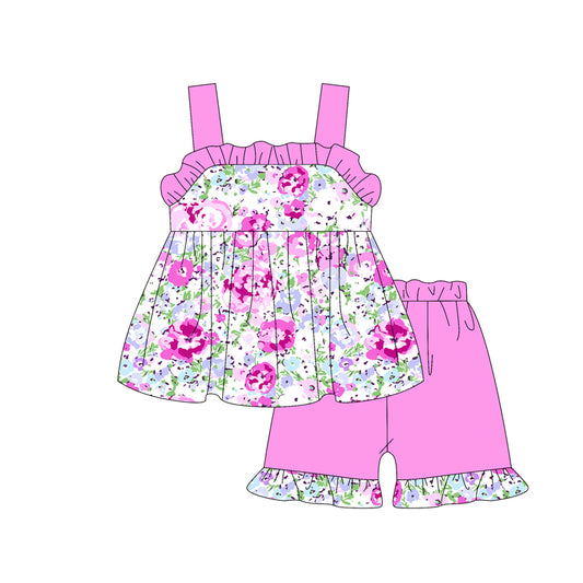 presale GSSO2326 Baby Girls Pink Strap Floral Tunic Ruffle Short Clothes Set D 3.4