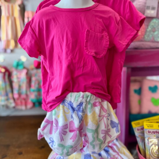 presale GSSO2327 Baby Girls Hot Pink Short Sleeves Pocket Top Colorful Bows Short Clothes Set D 3.4