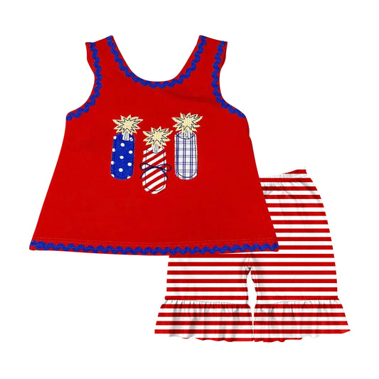 presale GSSO2330 Baby Girls Red Sleeveless Fireworks Tunic Stripe Ruffle Short 4th Of July Set D 3.4