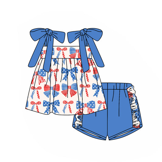 presale GSSO2331 Baby Girls Blue Strap Red Bows Stars Tunic Ruffle Short 4th Of July Se D 3.4