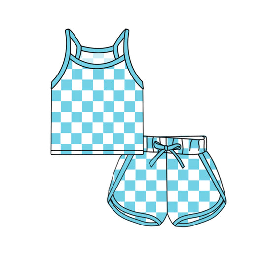 presale GSSO2332 Baby Girls Blue Strap Plaid Top Short Sport Set  D 3.3