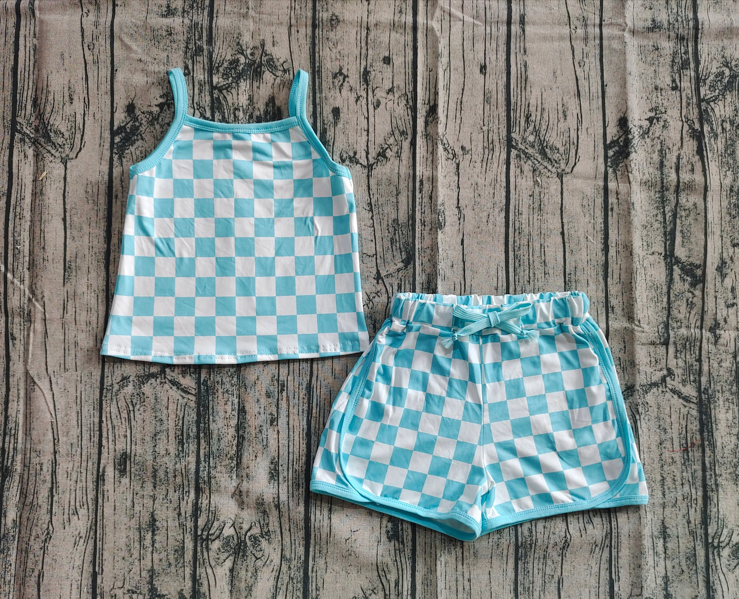 GSSO2332 Baby Girls Blue Strap Plaid Top Short Sport Set  D 5.26