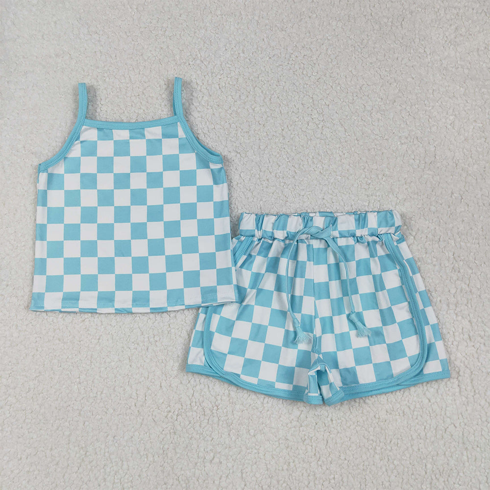 GSSO2332 Baby Girls Blue Strap Plaid Top Short Sport Set  D 5.26
