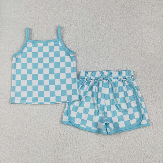 GSSO2332 Baby Girls Blue Strap Plaid Top Short Sport Set  D 5.26