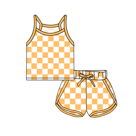 presale GSSO2333  Baby Girls Yellow Strap Plaid Top Short Sport Set D 3.3