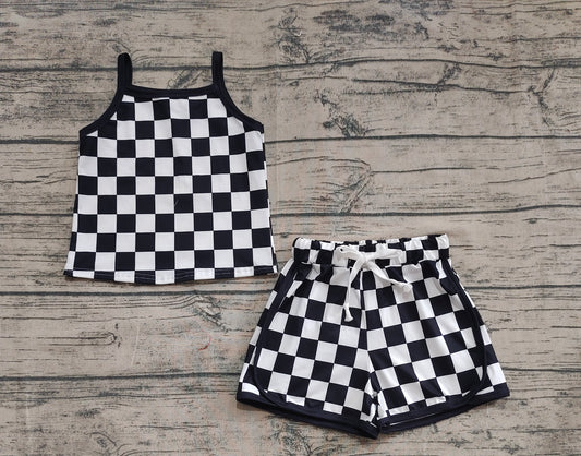 presale GSSO2334 Baby Girls Black Strap Plaid Top Short Sport Set D 4.4